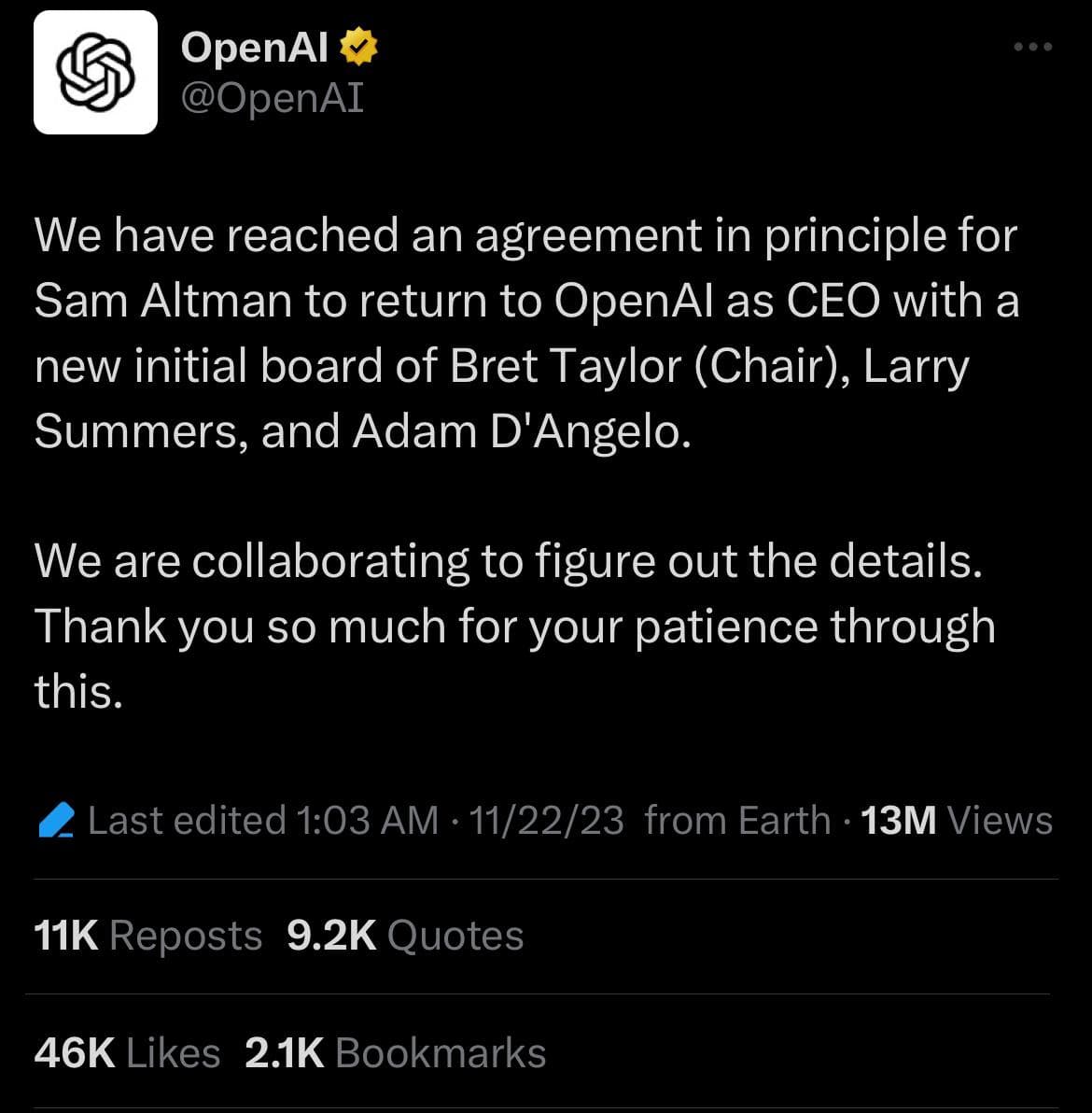 Сам Алтман и Грег Брокман возвращаются в OpenAI — illustration